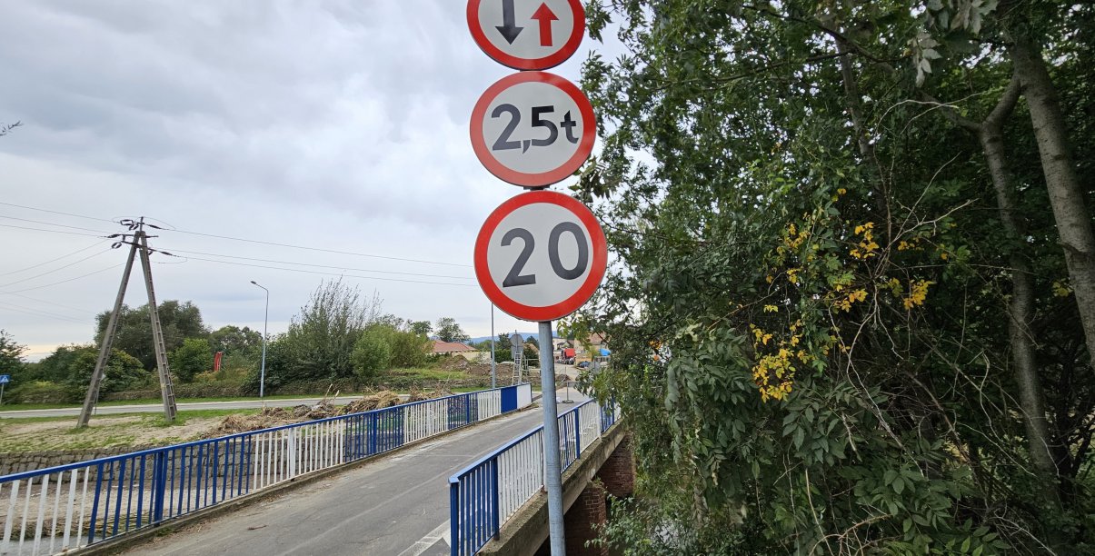 Mały most, po bokach biało-niebieski barierki, przed mostem znak ograniczenia prędkości do 20 km/h i ograniczenia wjazdu aut powyżej 2,5 tony