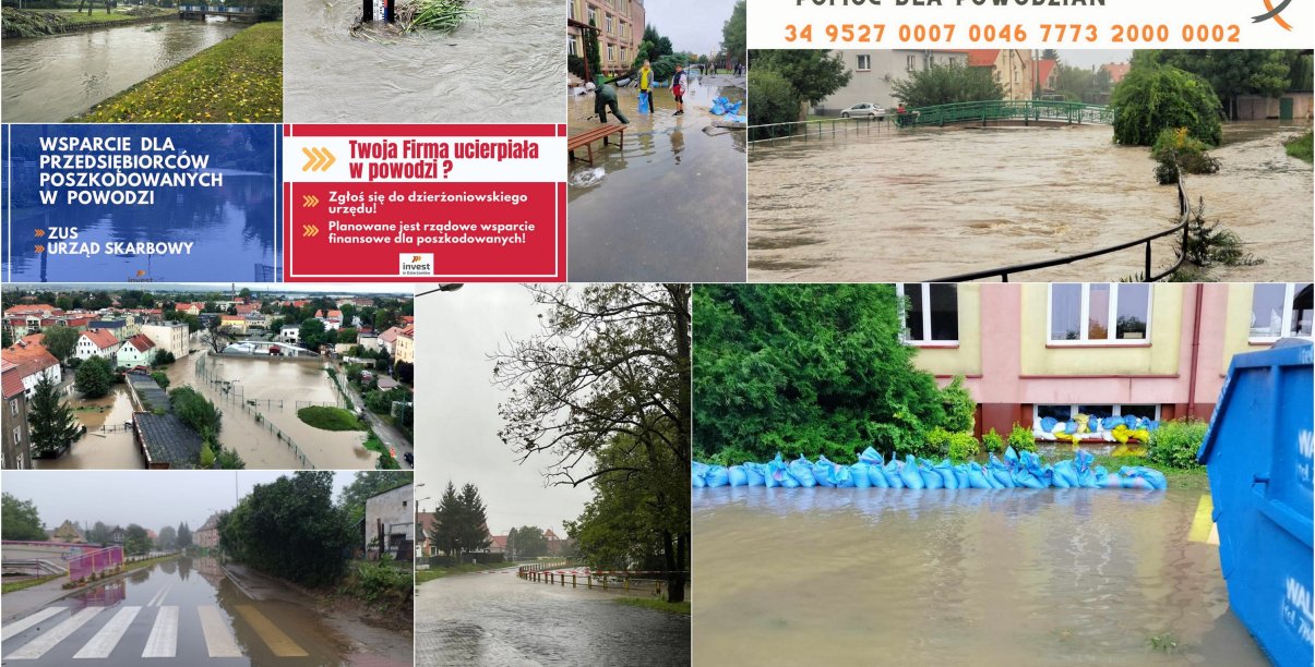 Kolaż zdjęć z powodzi w Dzierżoniowie
