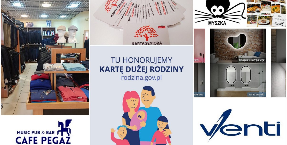 Kolaz zdjęć i logotypów nowych partnerów karty dużej rodziny i karty seniora