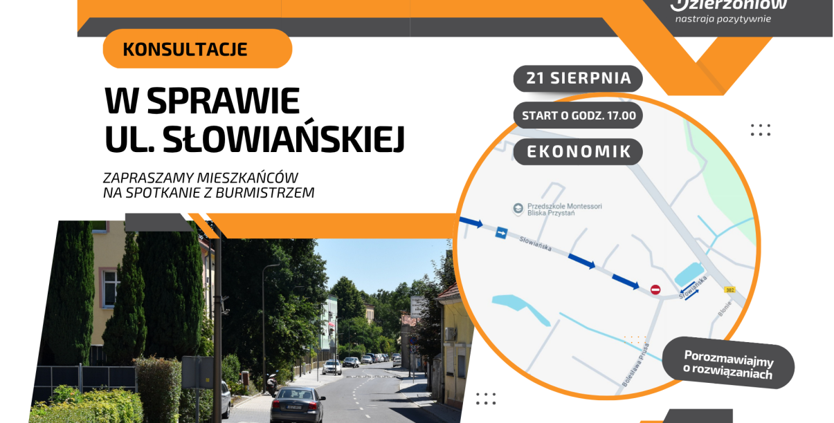 Grafika zapraszająca na konsultacje społeczne w sprawie organizacji ruchu na ul. Słowiańskiej, 21 sierpnia o godz. 17.00 w "Ekonomiku"