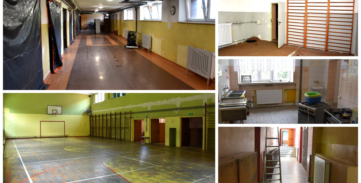 Kolaż zdjęć pomieszczeń SP9 przed remontem - salai gimnastycznej, korytarza i kuchni