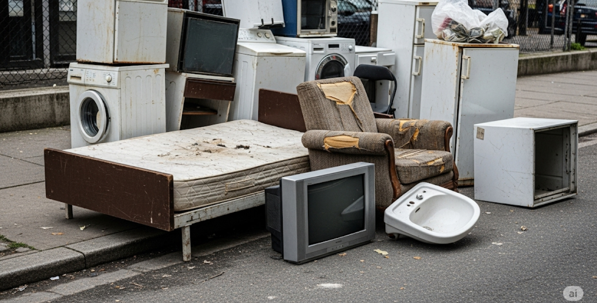 Stare lodówki, pralki, fotel, łóżko i telewizor leżące na chodniku