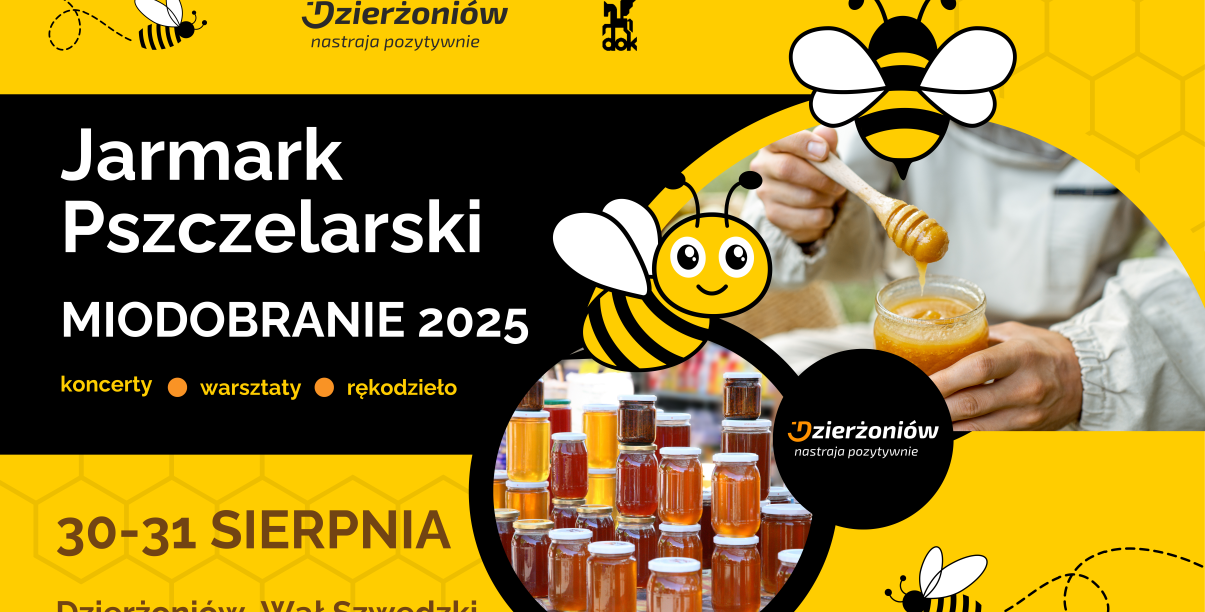Grafika z pszczołą i miodem oraz napisem 24. Jarmark Pszczelarski Miodobranie 2025
