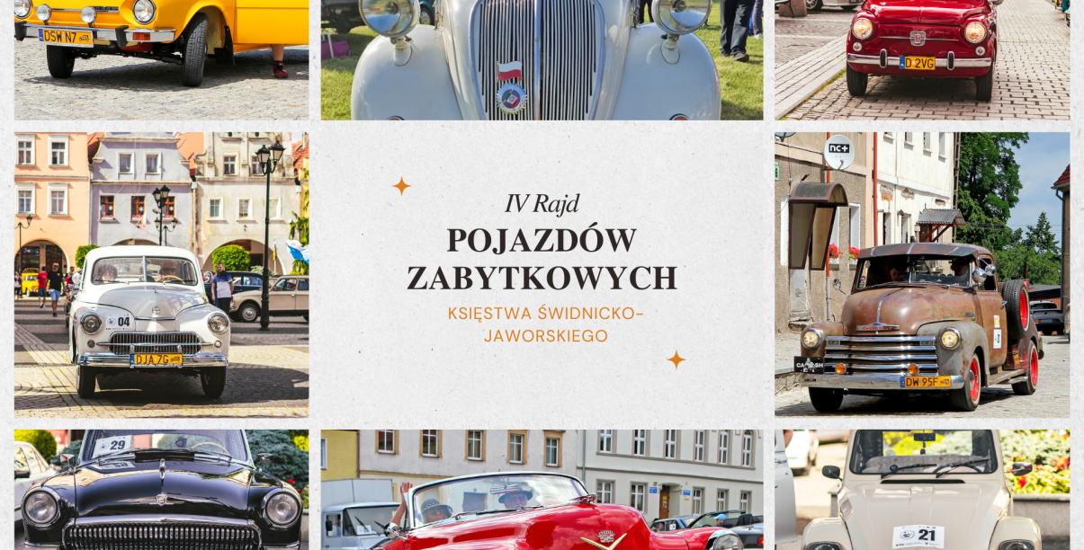 kolaż zdjęć ze starymi samochodami i napis IV Międzynarodowy Rajd Pojazdów Zabytkowych Księstwa Świdnicko-Jaworskiego