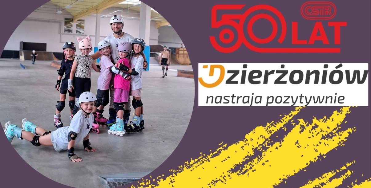 Grafika z logo Dzierżoniowa i Osir-u oraz z dziećmi na rolkach