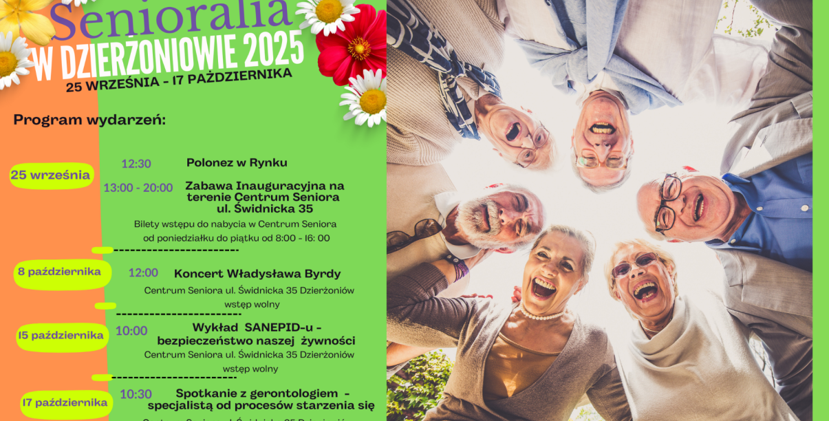 Grafika ze zdjęciem roześmianej grupy seniorów i plakatem senioraliów