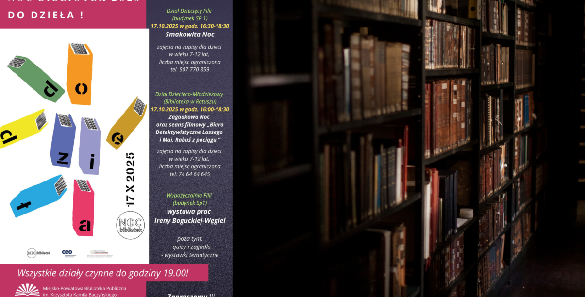 Zdjęcie półek z książkami nocną porą i plakat wydarzenia Noc Bibliotek 