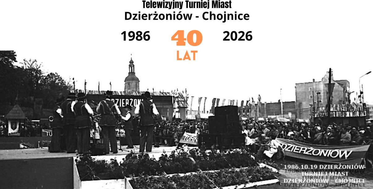 stara fotografia z telewizyjnego turnieju miast realizowanegow Dzierżoniowie z napisem Dzierżoniów-Chojnice 40 lat
