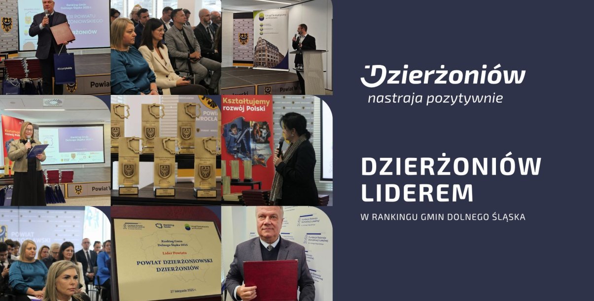 kolaż zdjęc z rozdania nagród w ranmkingu gmin Dolnego SLąska, logo miasta i napis Dzierzoniów Liderem