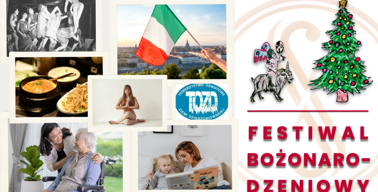 Kolaż zdjęć z tematami wykładów i logo TOZD-u