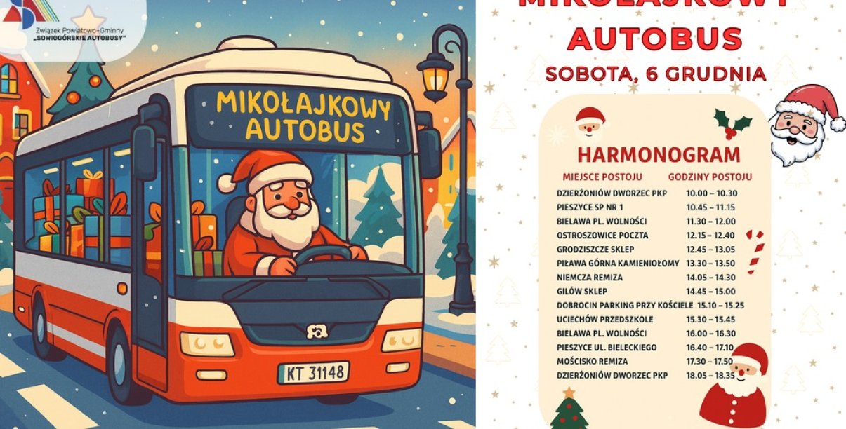 Grafikan z MIkołajem w autobusie i rozkład jazdy autobusu