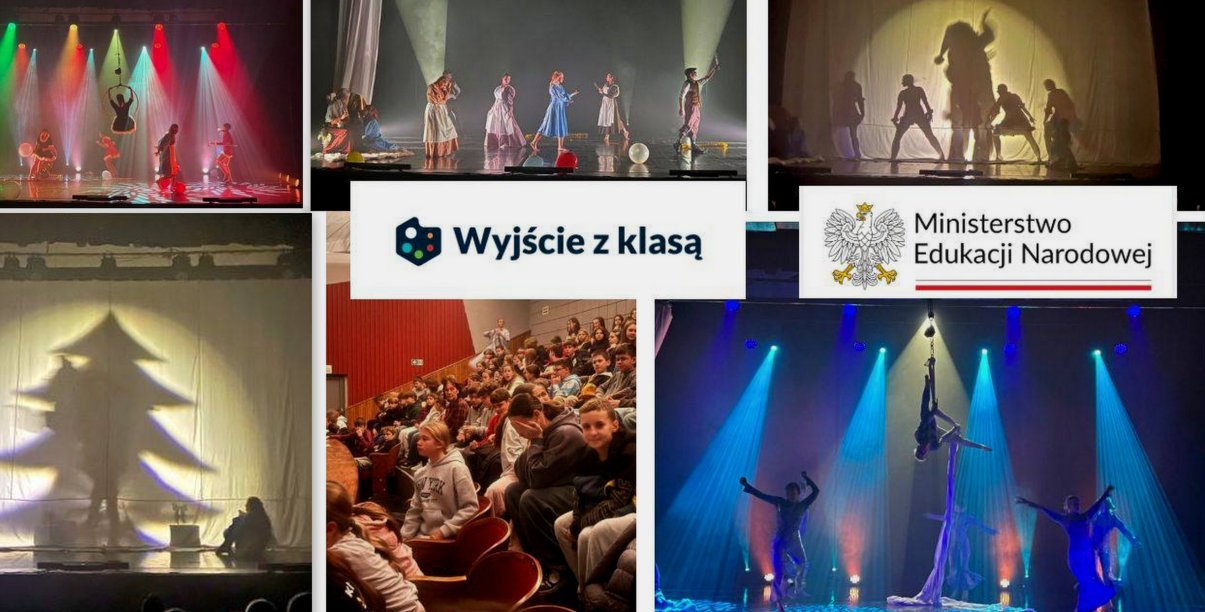 Kolaż zdjęć ze spektakli teatralnych, na zdjęciach scena, oświetlenie, aktorzy