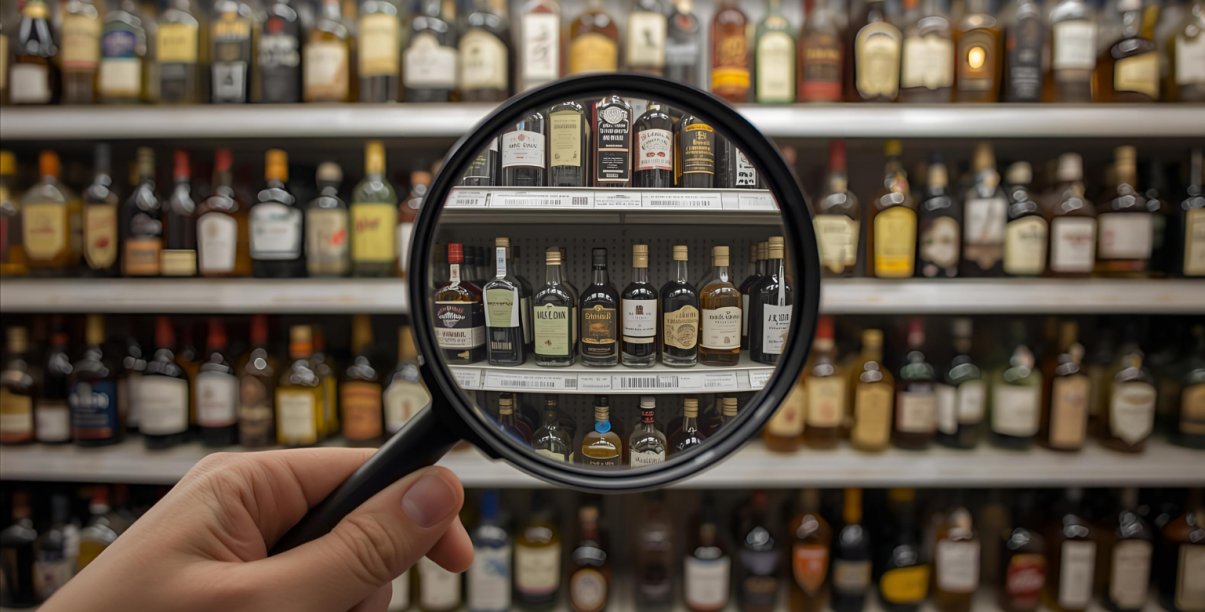 Zdjęcie półek z alkoholem, na pierwszym planie lupa, obraz za lupa powiększony