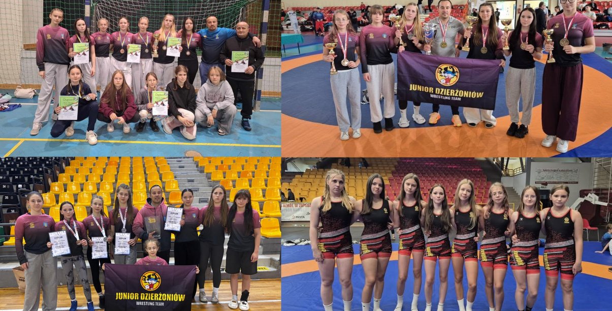 Cztery zdjęcia z zawodów - zapaśniczki z medalami