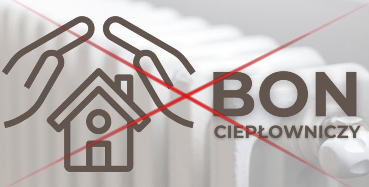 Przekreślone zdjęcie kaloryfera z logotypem programu dotyczącego bonu ciepłowniczego