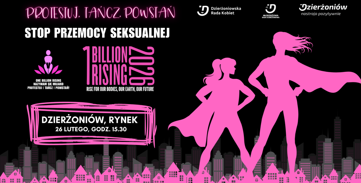 czarno -różowy plakat zacgęcający do udziału w wydarzeniu One Bilion Rising 26 lustego w Rynku w Dzierżoniowie