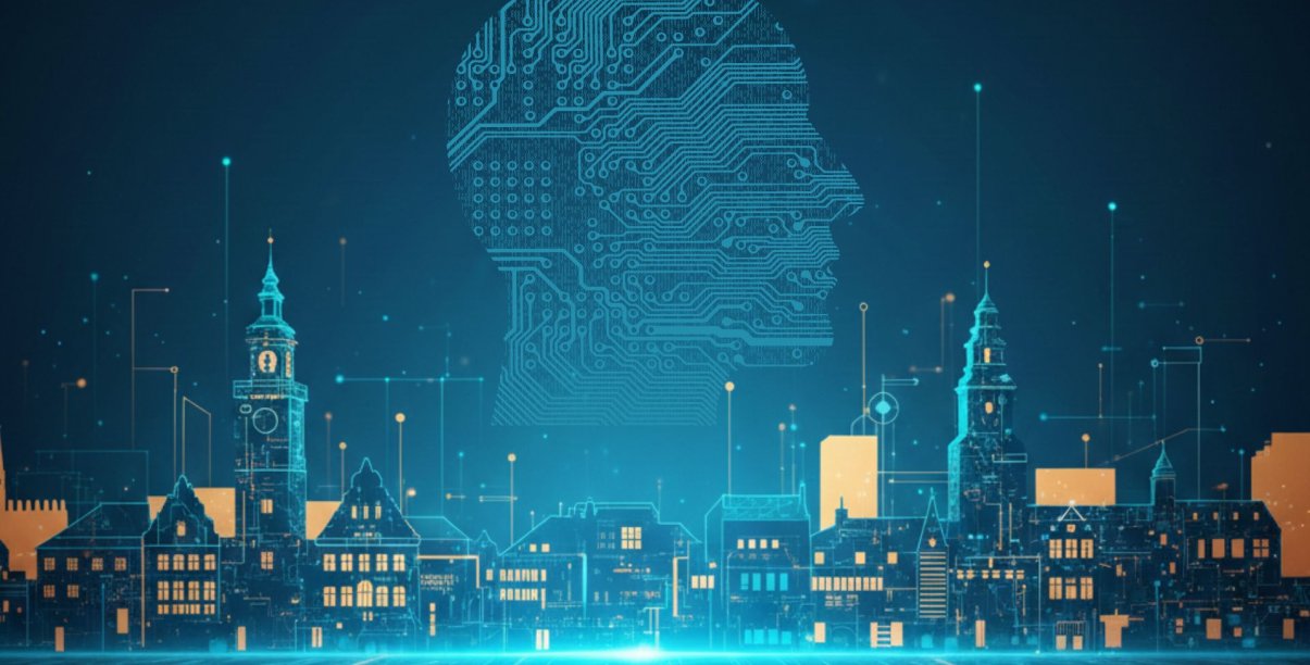 cyfrowy obraz miasta na tle nieba cyfrowa postać - głowa człowieka