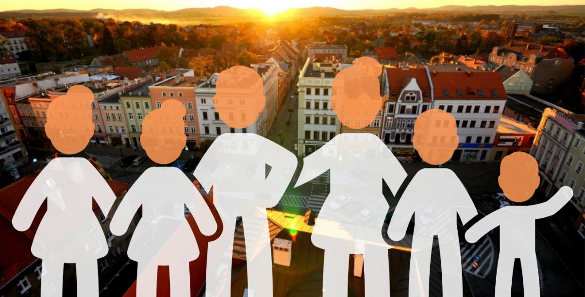 Graficzne sylwetki osób w różnych wieku na tle zdjęcia miasta