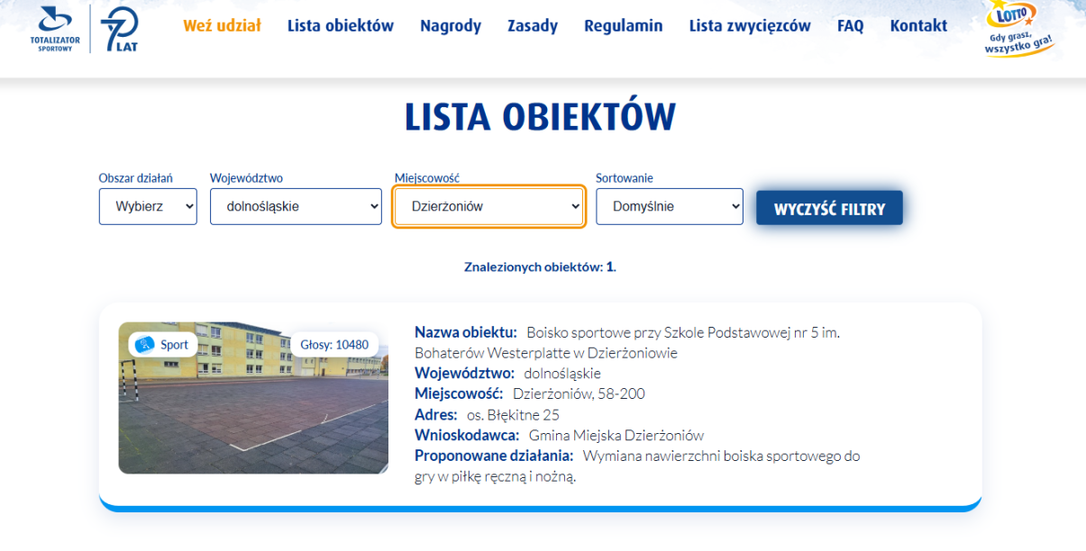 screen strony gdygrasz.pl na której można głosować na odnowienie boiska przy SP 5 w Dzierżoniowie