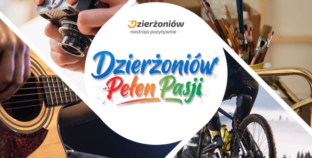 Grafika - w białym kole napis Dzierżoniów Pełen Pasji, poza nim kolaż zdjęć gitary, aparatu, rowerzysty i pędzli