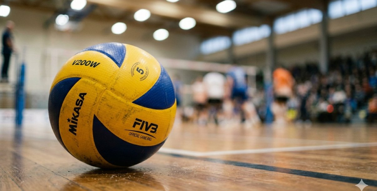 Piłka do siatkówki leżąca na parkiecie, w tle mecz siatkówki
