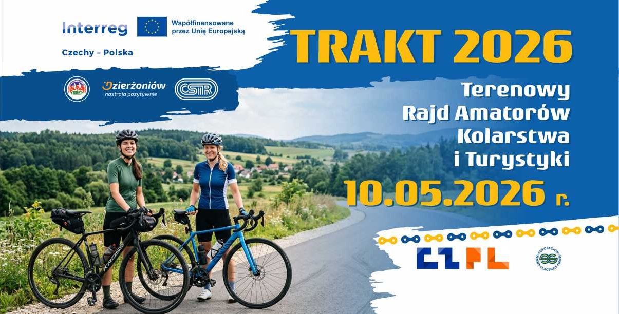 napis: TRAKT 2026 Terenowy rajd Amatorów Kolarstwa i Turystyki, logotupy unijne i euroregionu glacensis, para rowerzystek