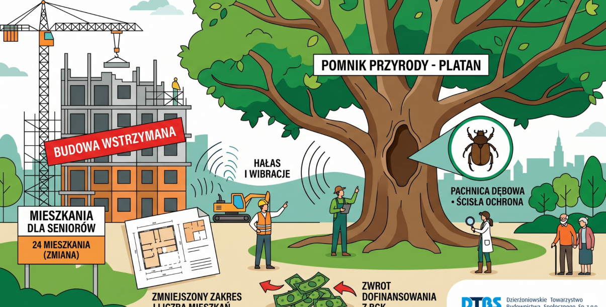 grafika z drzewem, budową i fachowcami - ilustrująca sytuację wstrzymania budowy przez obecność owada