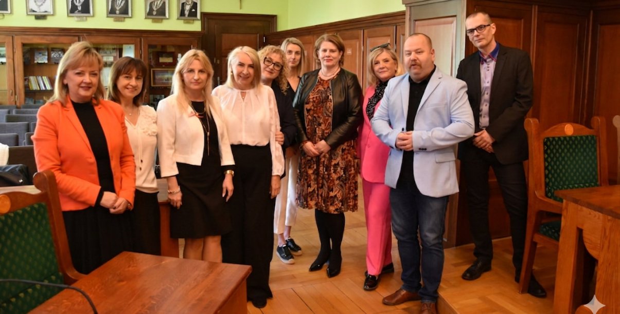 Grupowe zdjecie dyrektorek placówek oświatowych z zastępcami burmistrza Dzierżoniowa