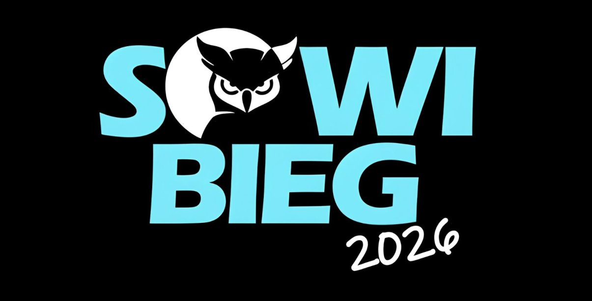 Czarne tło, niebieski napis Sowi Bieg, w literę o wkomponowana głowa sowy