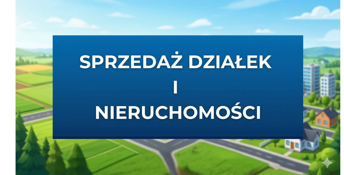 Grafika, niebieskie tło i biały napis "Sprzedaż działek i nieruchomości"