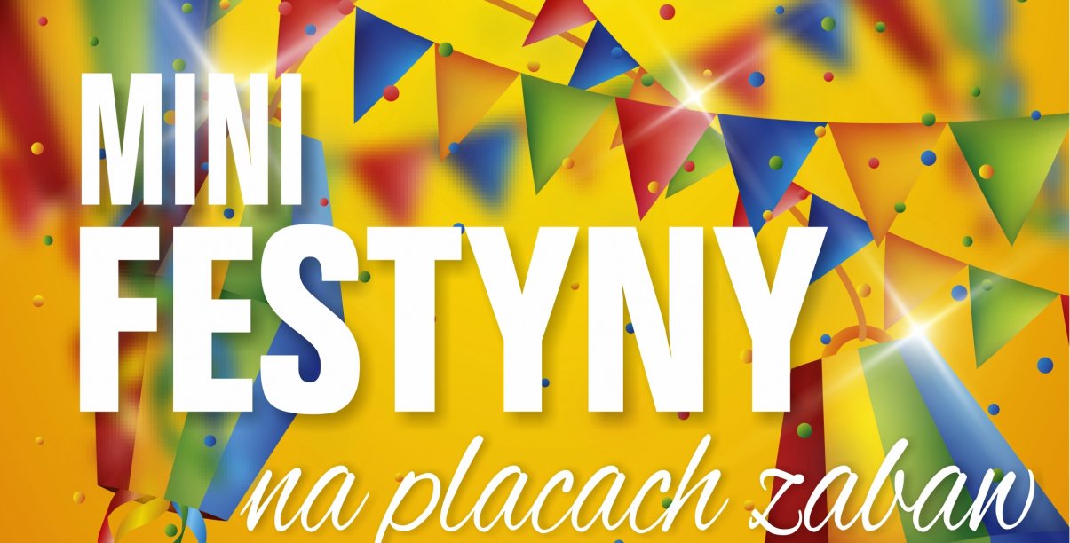 grafika - kolorowe tło, biały napis Mini Festyny