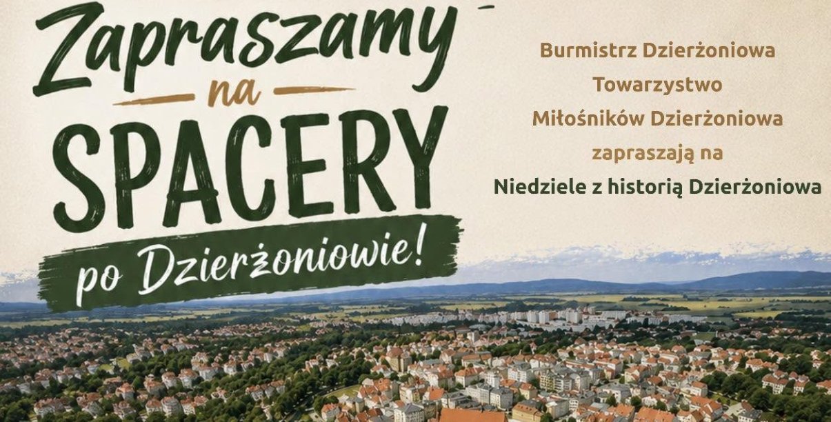 Grafika z napisem Zapraszamy na spacery i zdjęciem panoramy miasta