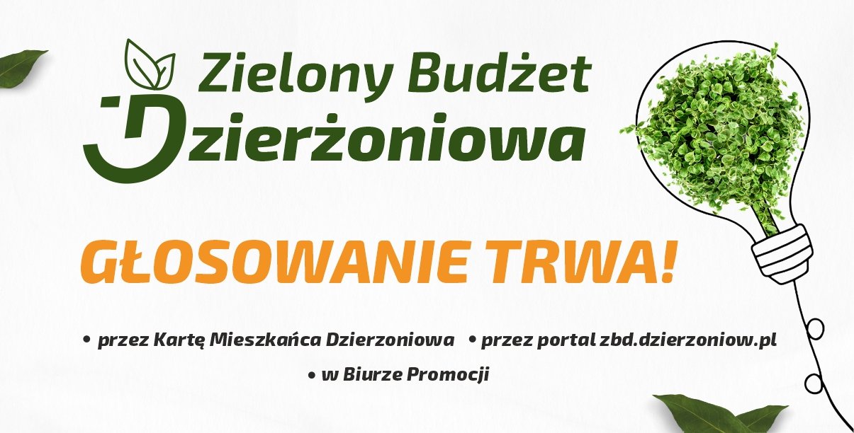 Grafika z logo Zielonego Budżetu Dzierżoniowa z napisem "Głosowanie trwa"