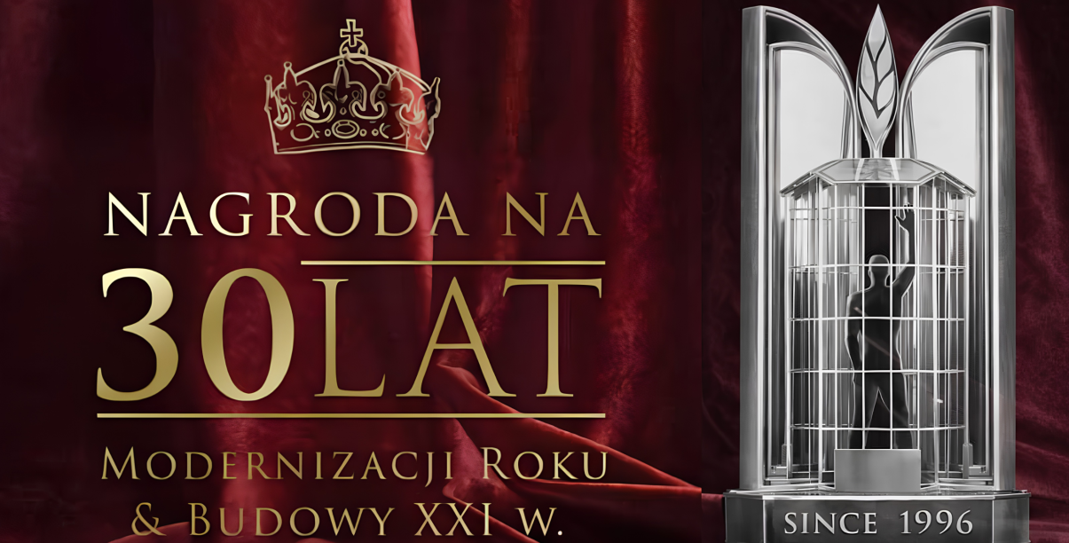 Grafika, bordowe tło i napis Nagroda 30 lat modernizacji roku