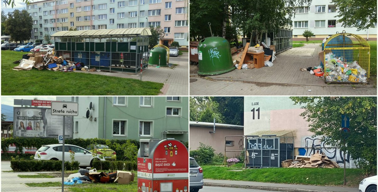 Kolaż czterech zdjęć śmietników, przy których pozostawiane są różne odpady