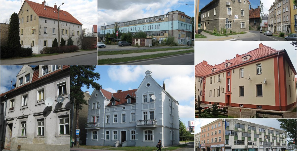 Kolaż zdjęć budynków mieszkalnych i użytkowych wystawionych w przetargu