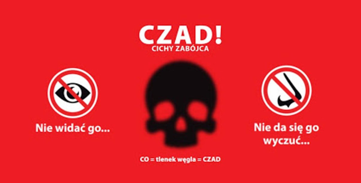 Grafika, czerwone tło i biały napis "Czad- cichy zabójca"