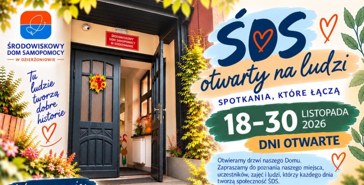 Element ozdobny - grafika z napisem ŚDS Dni Otwarte i zdjęcie wejśćia do placówki