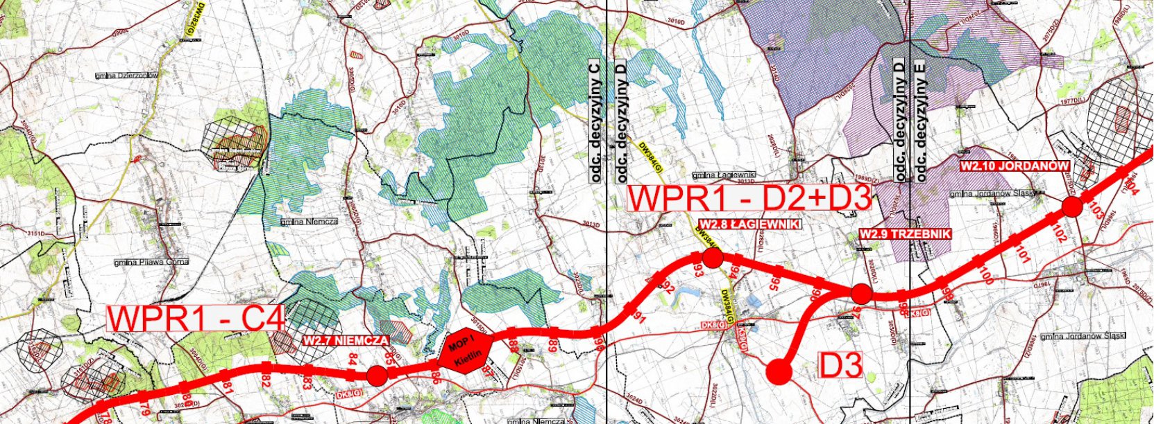 Mapa obrazująca przebieg nowej drogi ekspresowej z Wrocławia do Kłodzka