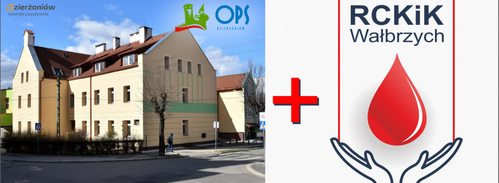 Budynek OPS-u w Dzierżoniowie i logo krwiodastwa