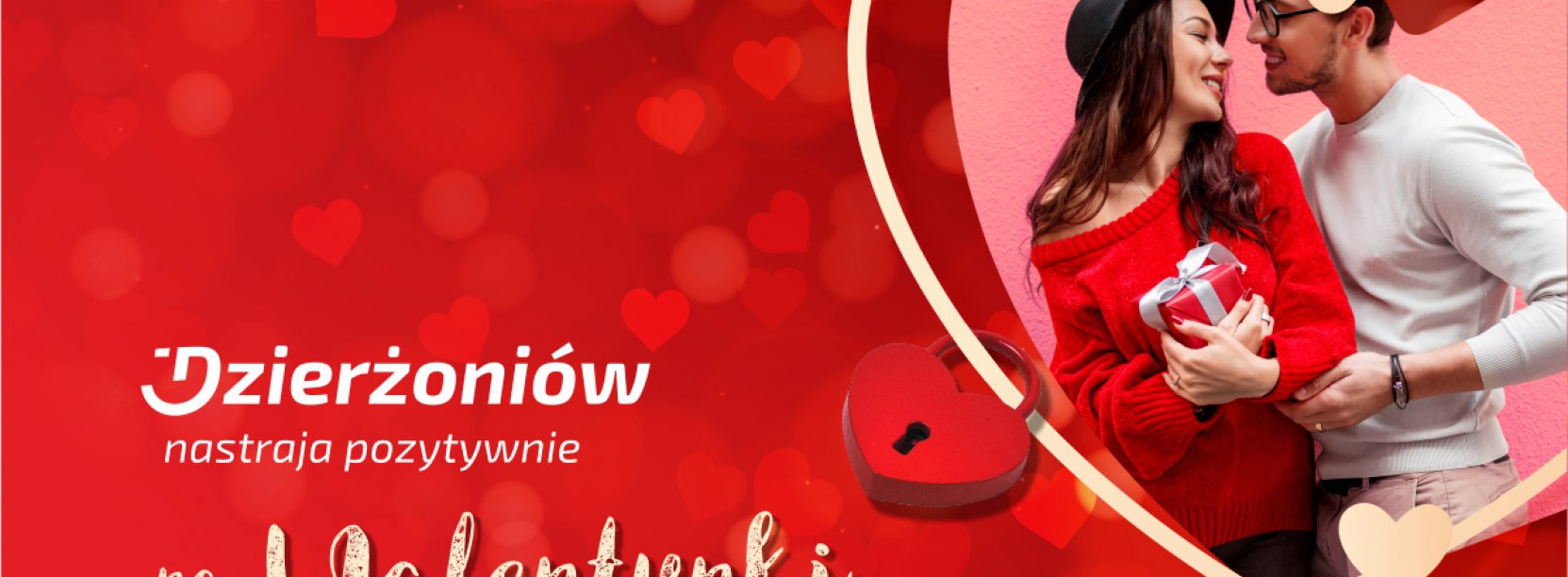 Grafika. Napisy: Dzierzoniów nastra pozytywnie na Walentynki. W sercu zdjęcie zakochanej pary