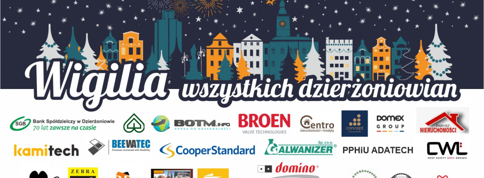 Grafika z granatowym tłem, rysunkami kamienic, napisem Wigilia i logami kilkunastu firm