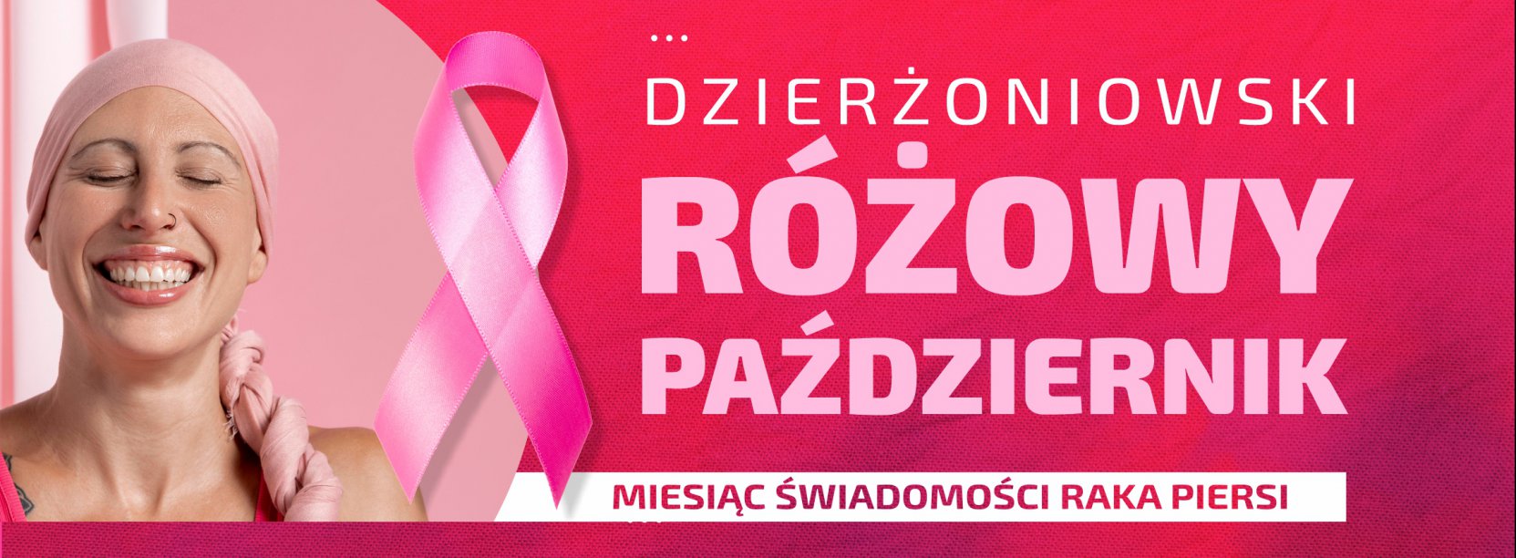 Uśmiechnięta kobieta w chuście na głowie obok napis Dzierżoniowski Różowy Październik