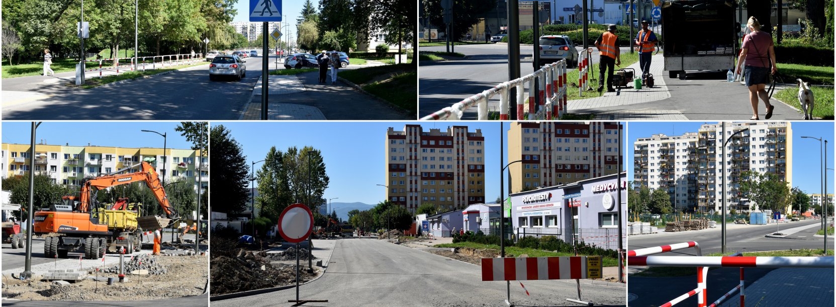 Kolaż zdjeć remontowanej drogi, pracownicy, maszyny budowlane, dookoła bloki