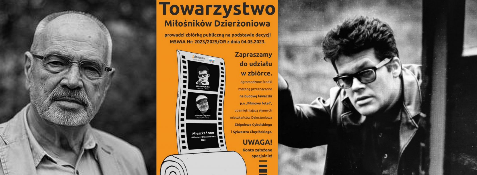 Czrno białe zdjęcia dwóch aktora i reżysera, po śroku ulotka z danymi zawartymi w tekście
