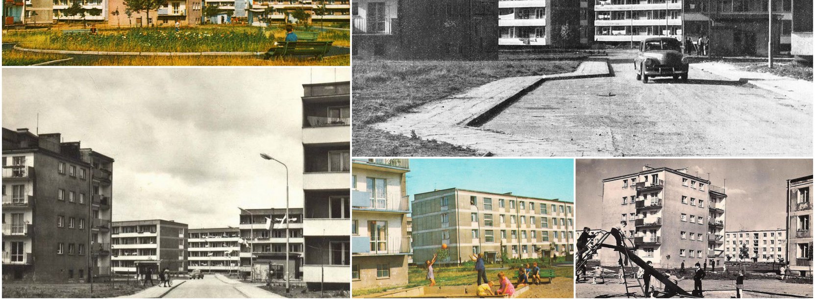 Kolaż zdjęć osiedla z lat 60-tych, częśc zdjęc kolorowa, bloki i tereny zielone
