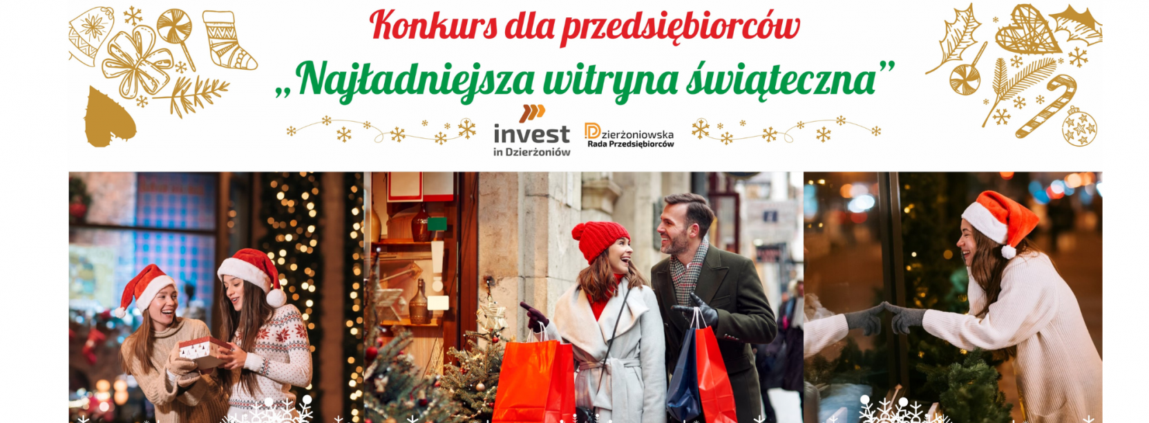 Konkurs na najładniejszą witrynę świąteczną dla przedsiębiorców. W tle osoby na tle witryn świątecznych trzymają prezenty. Pod grafiką harmonogram konkursu oraz informacja o nagrodach.