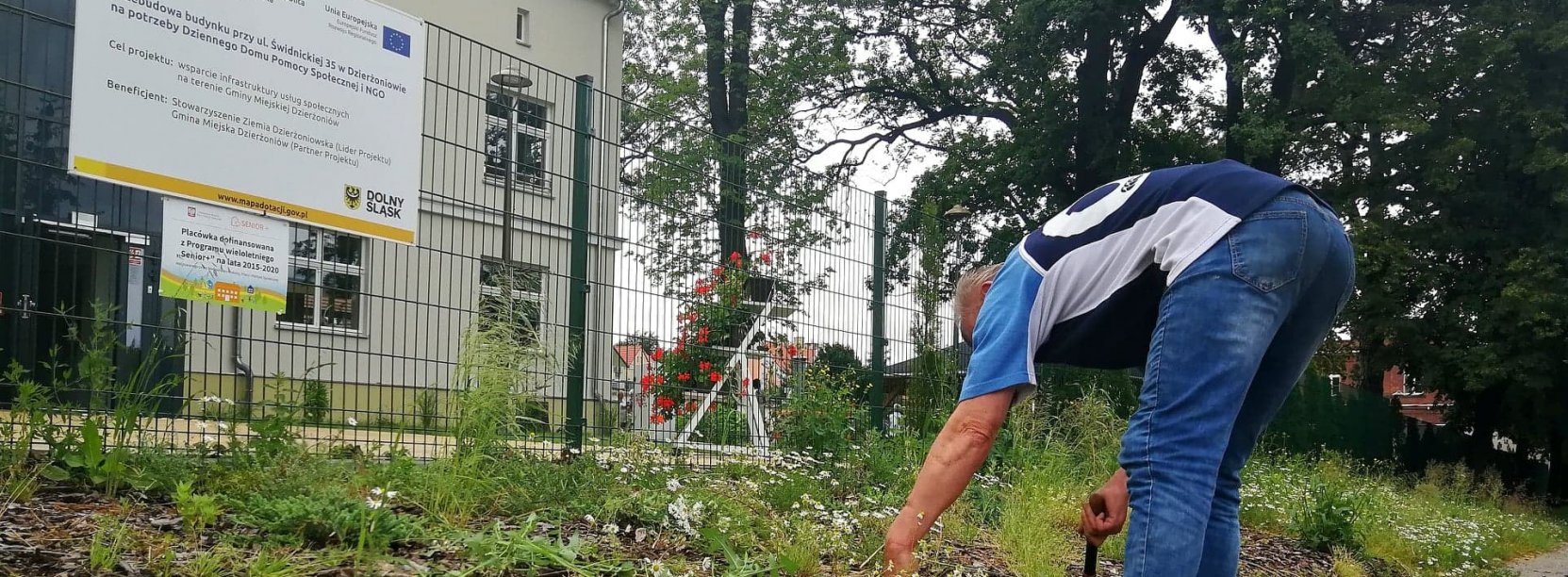 Mężczyzna pracujący przy zielonym trawniku