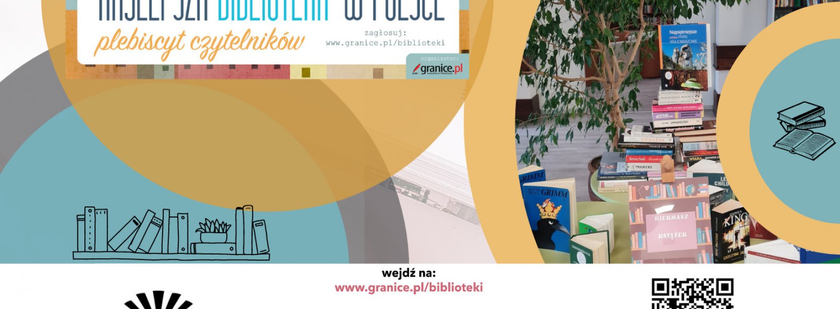 Grafika ze zdjęciem dzierżoniowskiej biblioteki z kodem QR do głosowania w plebiscycie na nalepszą bibliotekę w Polsce