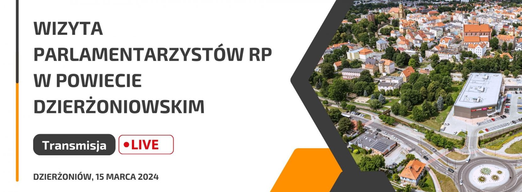 Logo Dzierżoniowa, napis "Wizyta Parlamentarzystów w Powiecie Dzierżoniowskim", obo zdjęcie miast z lotu ptaka